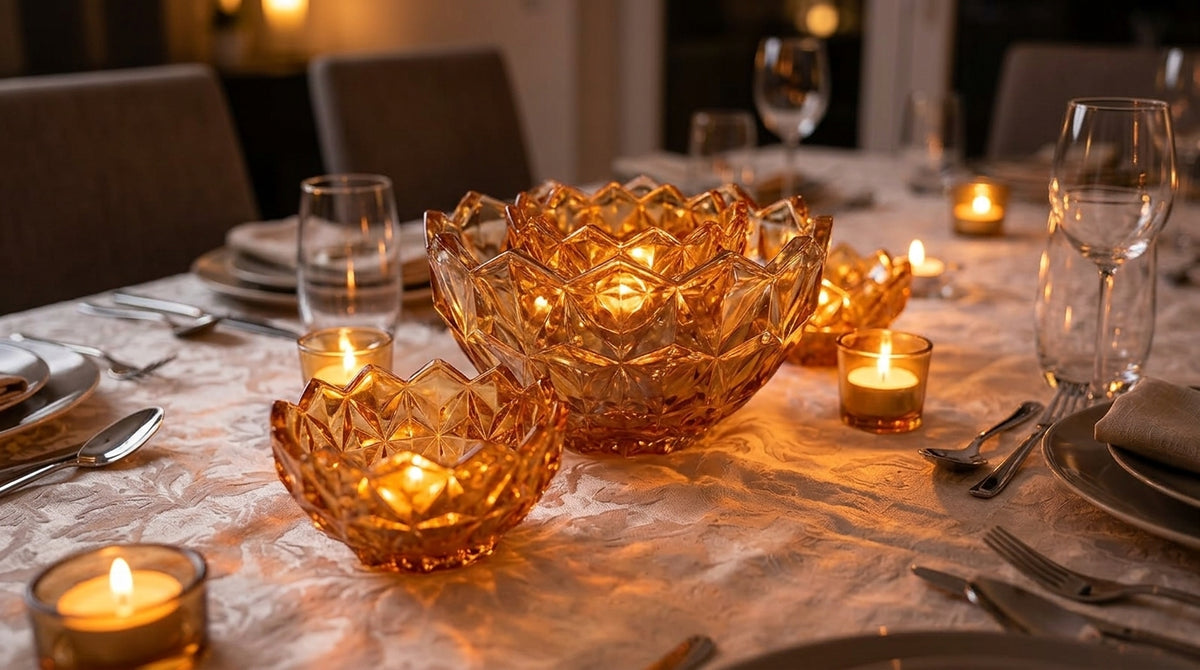 Premium Amber Golden Lotus Glass Bowl Set – Decorative Serving Bowls