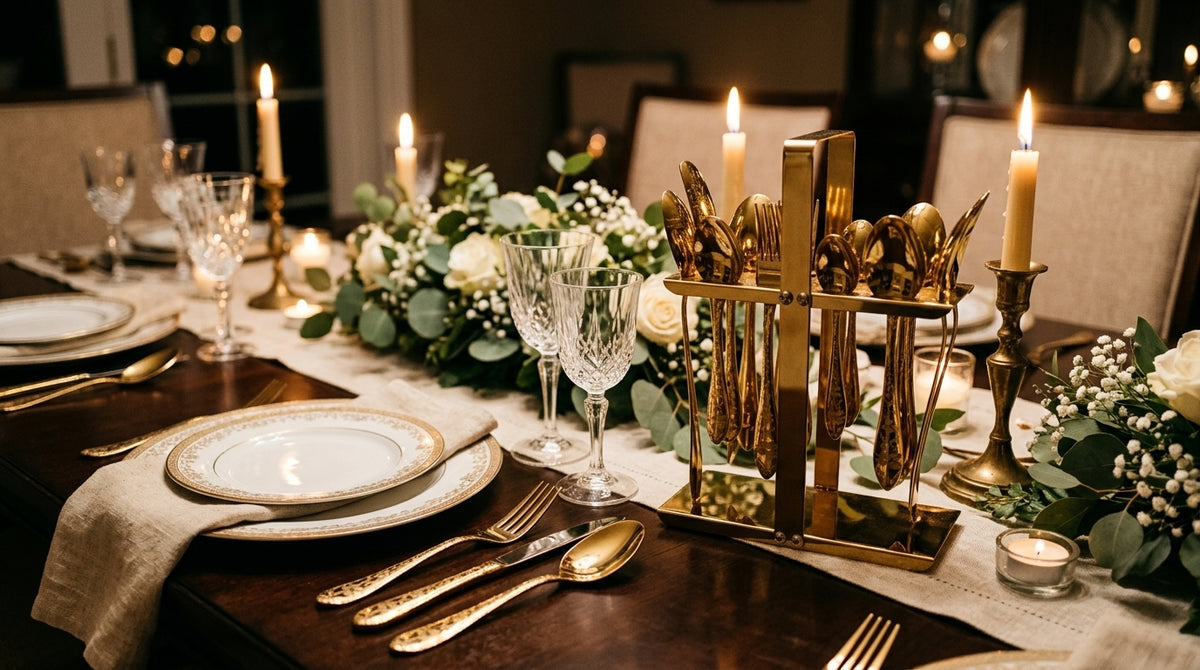 29 Pcs Luxury Gold Serving Spoon Set with Elegant Stand – Premium Cutlery Collection