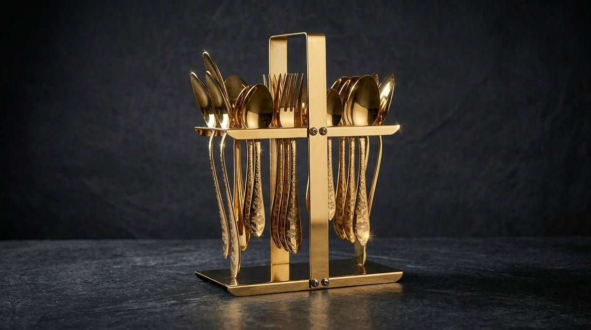 29 Pcs Luxury Gold Serving Spoon Set with Elegant Stand – Premium Cutlery Collection