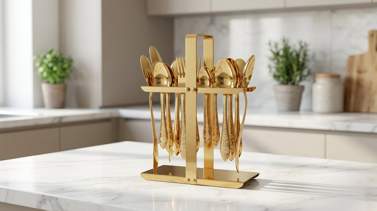 29 Pcs Luxury Gold Serving Spoon Set with Elegant Stand – Premium Cutlery Collection
