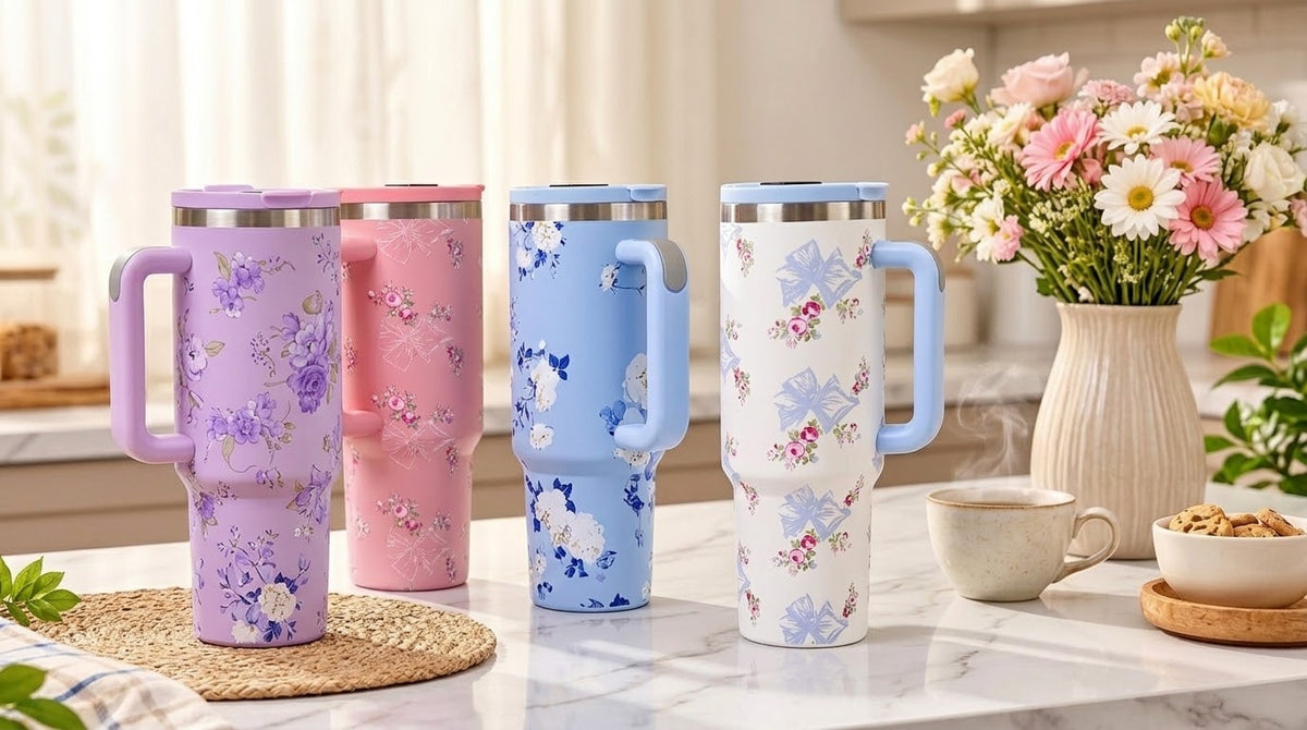 Floral Insulated Travel Tumbler with Handle & Digital Temperature Display