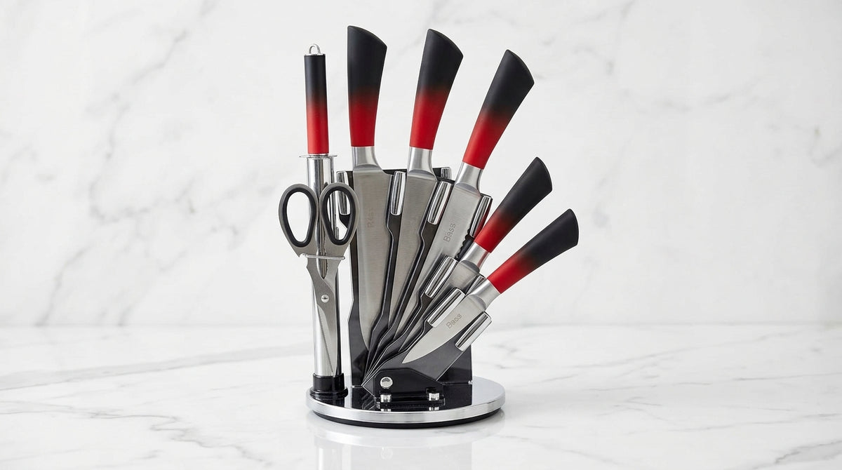 Premium Stainless Steel Knife Set with Red & Black Handles – Kitchen Knife Stand Set