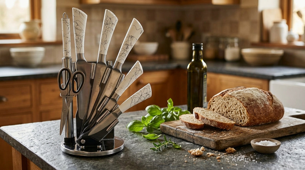 Premium White Marble Design Kitchen Knife Set with Stand