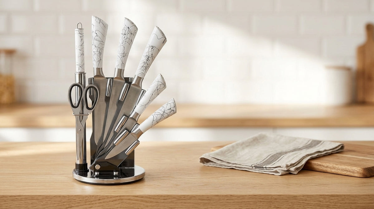 Premium White Marble Design Kitchen Knife Set with Stand