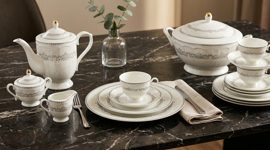 72 pcs Luxury White & Silver Floral Dinnerware Set – Elegant Tea Set