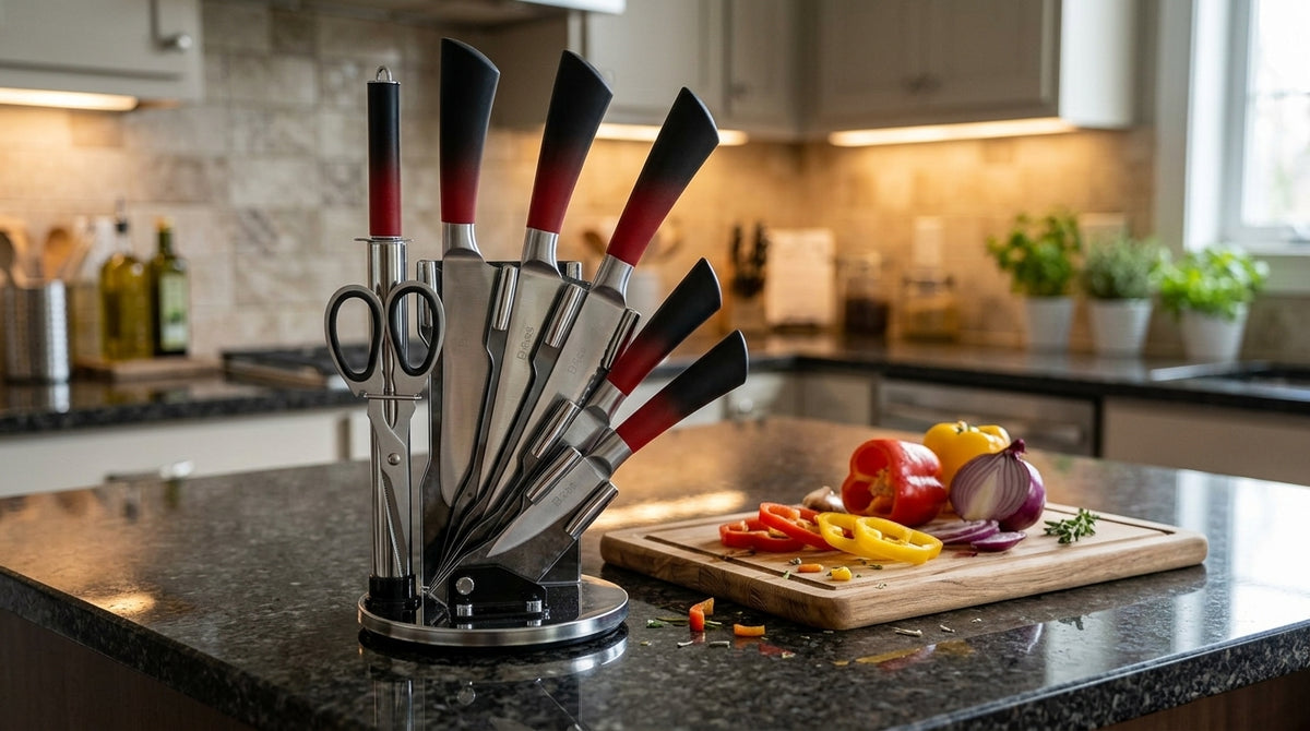 Premium Stainless Steel Knife Set with Red & Black Handles – Kitchen Knife Stand Set