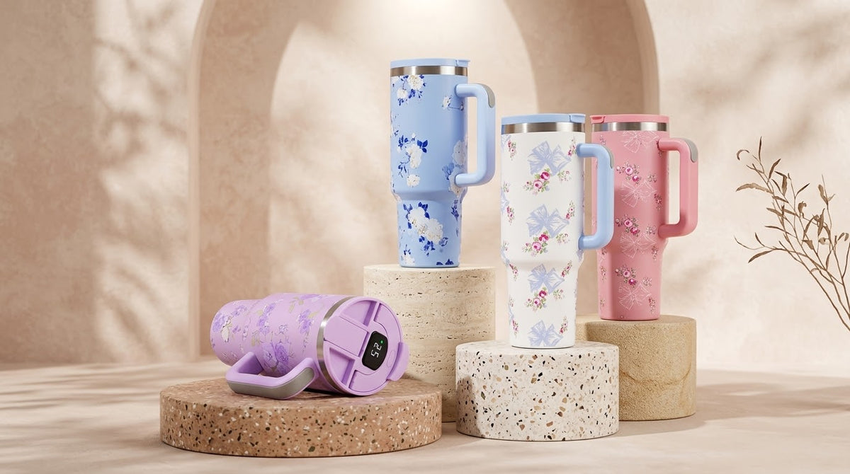 Floral Insulated Travel Tumbler with Handle & Digital Temperature Display