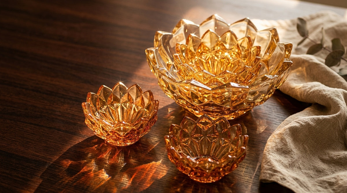 Premium Amber Golden Lotus Glass Bowl Set – Decorative Serving Bowls