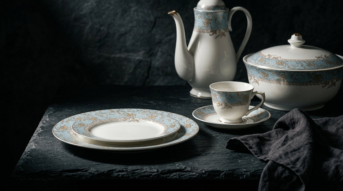 72 pcs Luxury Blue & Gold Floral Dinner Set – Elegant White Porcelain Tableware