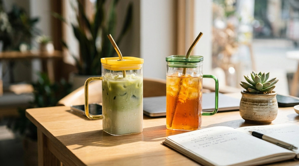Glass Drinking Mug with Handle, Lid & Stainless Steel Straw