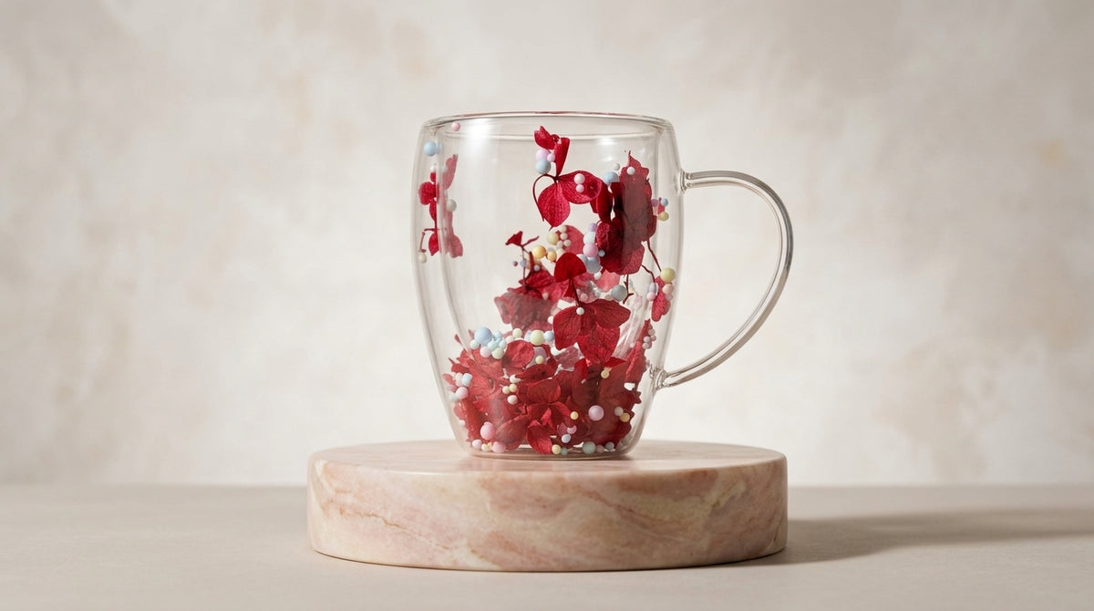 Transparent Glass Mug with Red Floral Design – Elegant Decorative Coffee & Tea Cup