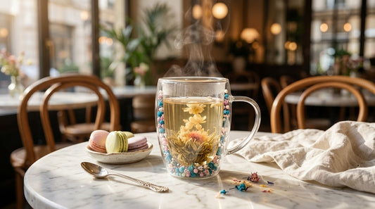 Elegant Double Wall Style Decorative Glass Mug with Handle – Blue Floral Design
