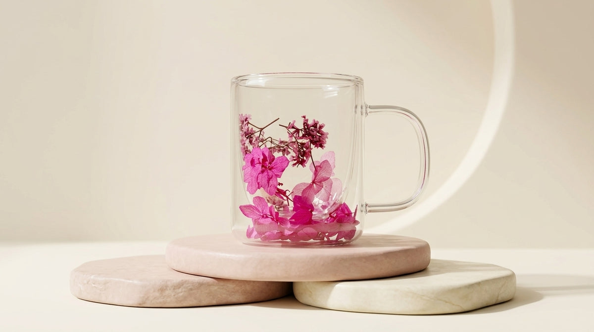 Pink Floral Decorative Glass Mug with Handle – Elegant Flower Design