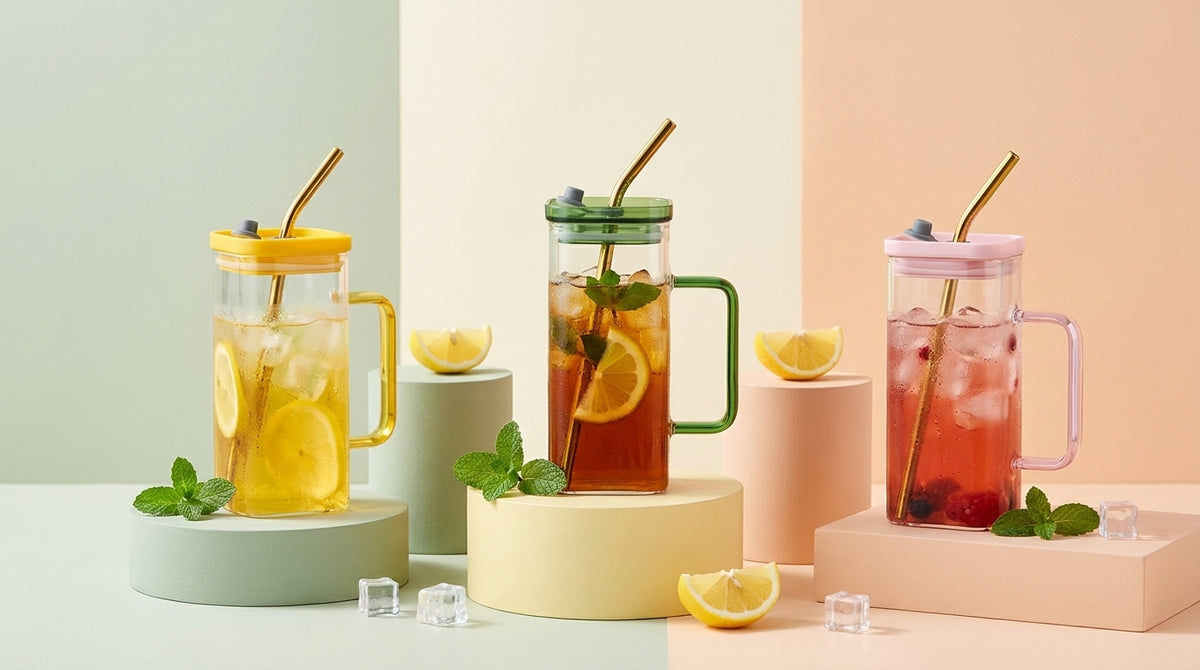 Glass Drinking Mug with Handle, Lid & Stainless Steel Straw