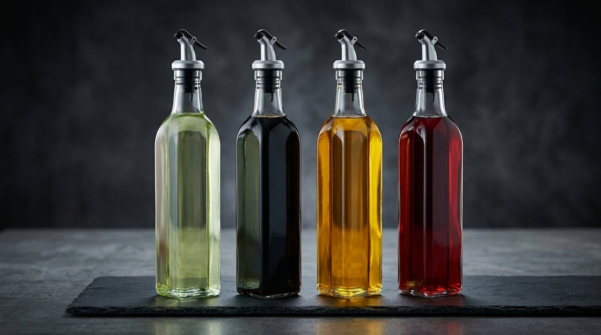 Glass Oil Dispenser Bottles with Stainless Steel Pourer – Kitchen Oil & Vinegar Cruets