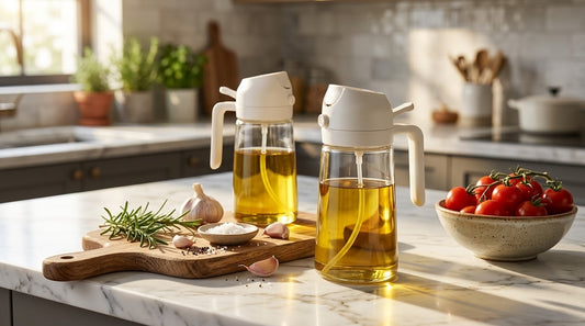 2-in-1 Glass Oil Dispenser & Sprayer Bottle with Multi-Function Lid