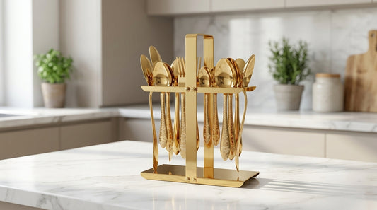29 Pcs Luxury Gold Serving Spoon Set with Elegant Stand – Premium Cutlery Collection