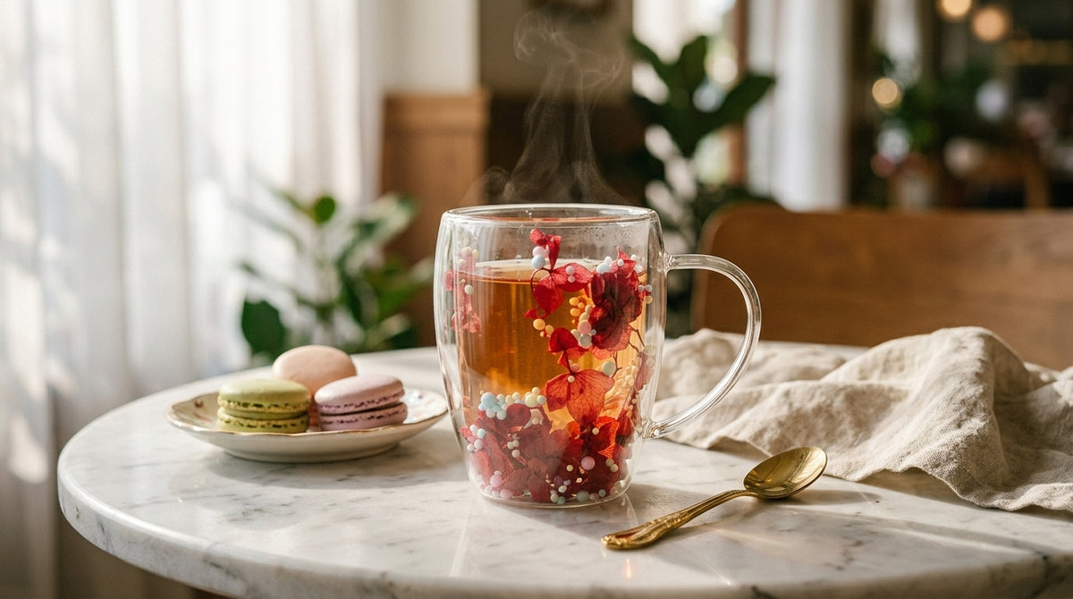 Transparent Glass Mug with Red Floral Design – Elegant Decorative Coffee & Tea Cup