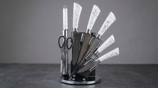 Premium White Marble Design Kitchen Knife Set with Stand
