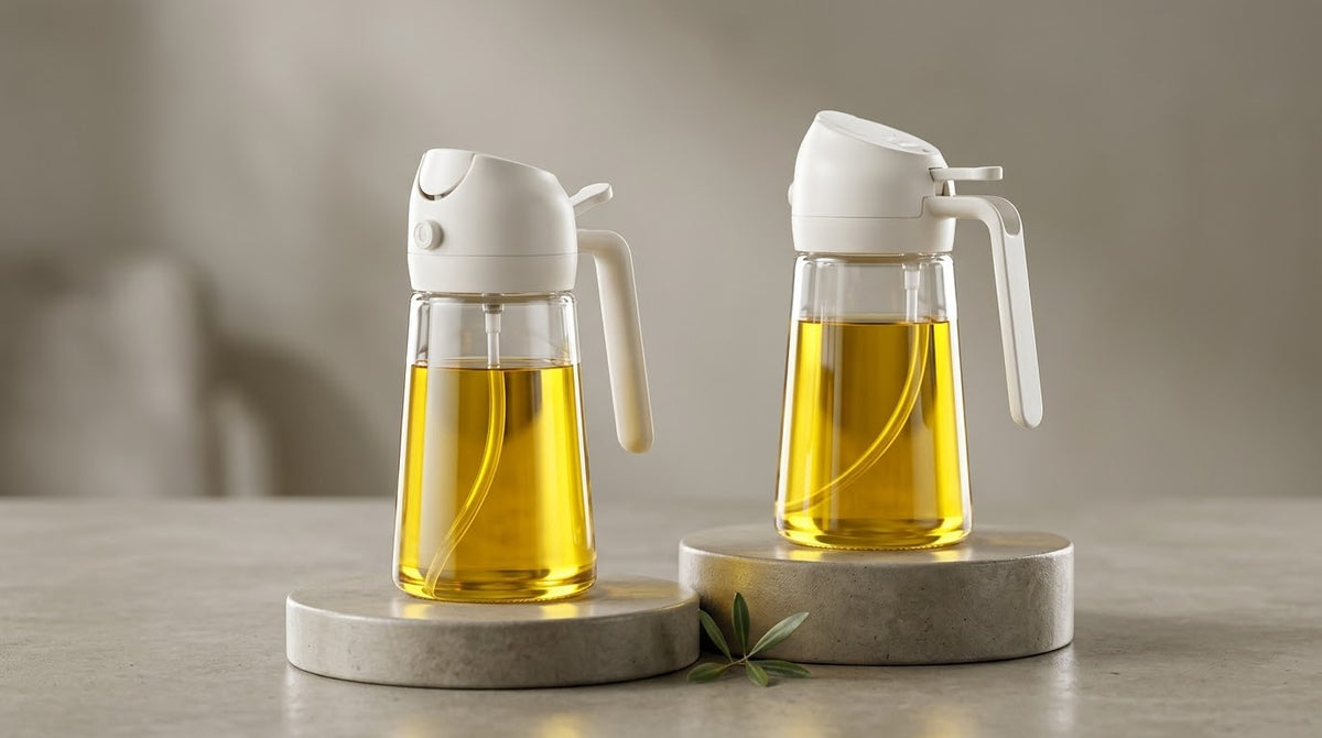 2-in-1 Glass Oil Dispenser & Sprayer Bottle with Multi-Function Lid
