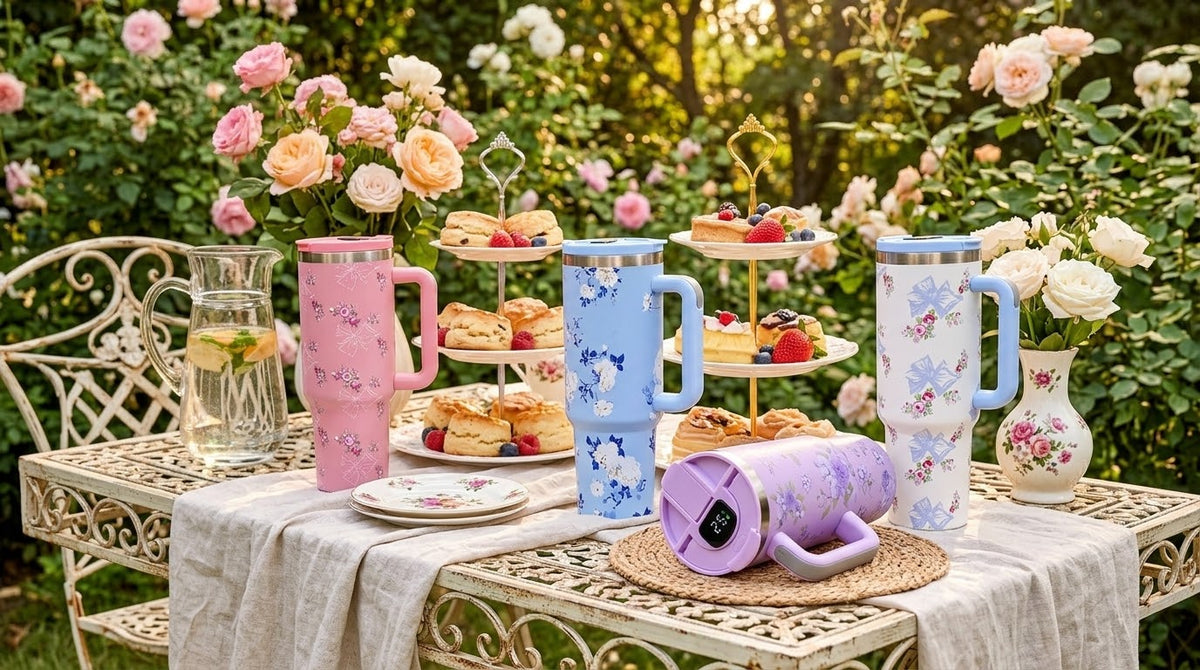 Floral Insulated Travel Tumbler with Handle & Digital Temperature Display