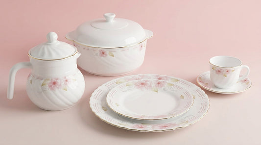 72 pcs Elegant Pink Floral Ceramic Dinner Set – Premium White Tableware Collection