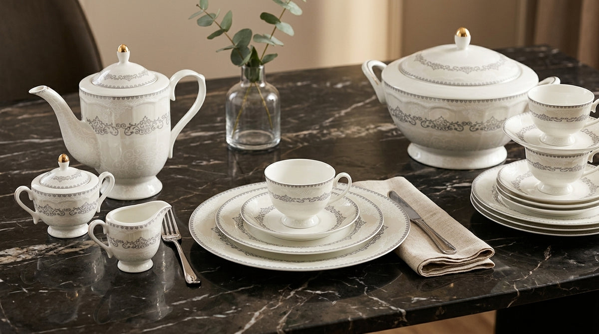 72 pcs Luxury White & Silver Floral Dinnerware Set – Elegant Tea Set