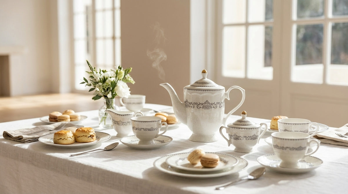 72 pcs Luxury White & Silver Floral Dinnerware Set – Elegant Tea Set