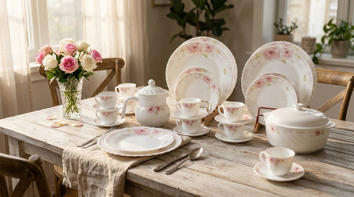 72 pcs Elegant Pink Floral Ceramic Dinner Set – Premium White Tableware Collection