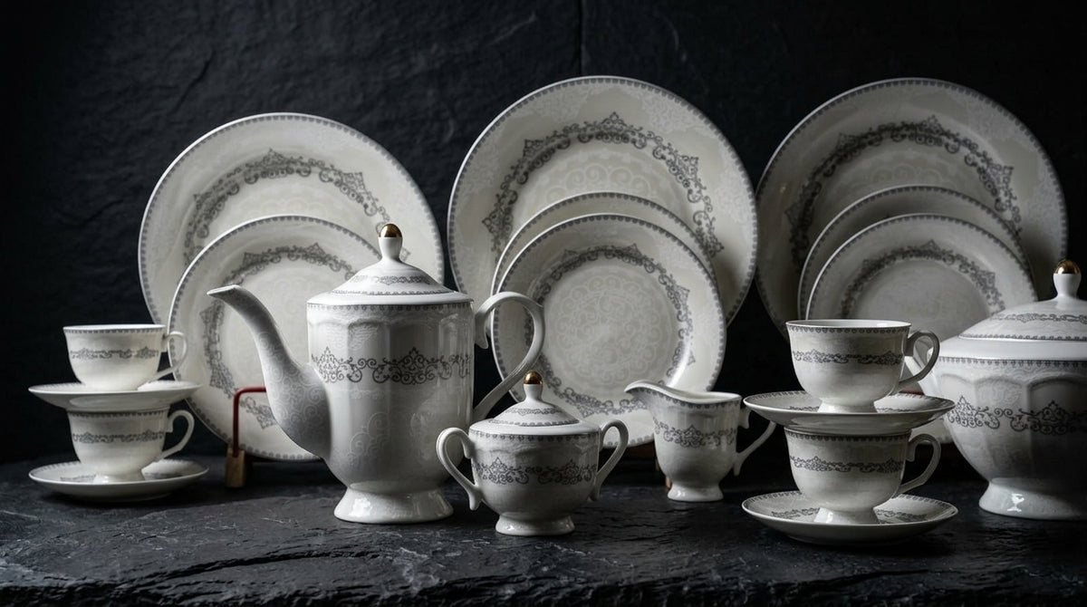 72 pcs Luxury White & Silver Floral Dinnerware Set – Elegant Tea Set