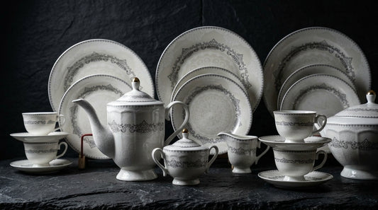 72 pcs Luxury White & Silver Floral Dinnerware Set – Elegant Tea Set